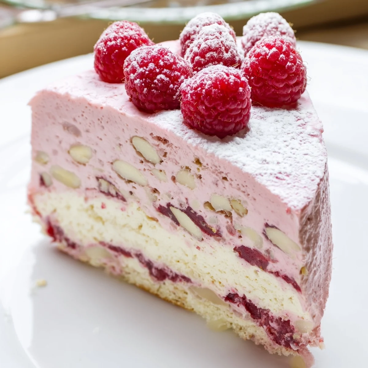 Slice of French-style raspberry mousse cake showcasing vibrant layers and fresh raspberries