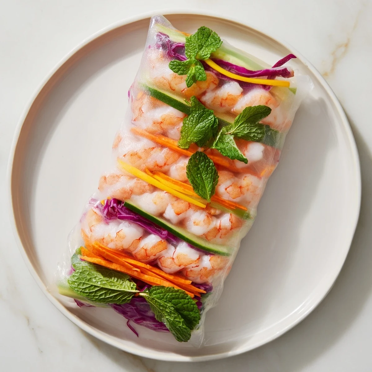 Fresh Thai shrimp rolls with colorful vegetables wrapped in transparent rice paper