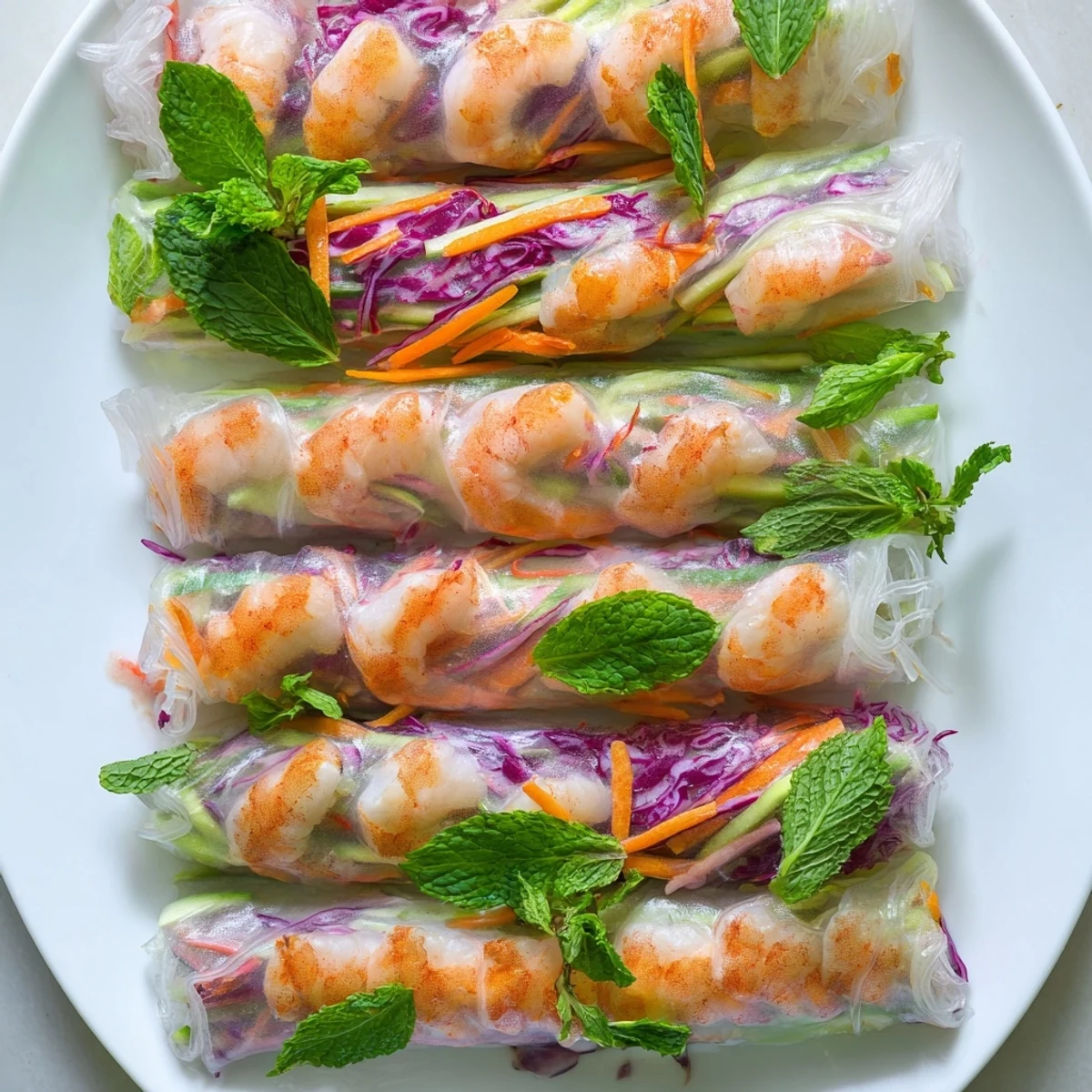 Hand-rolled Thai shrimp wraps with mint, cilantro, and tangy peanut sauce on side