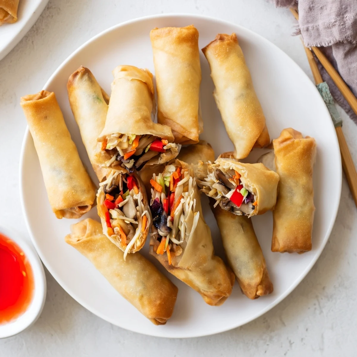 Golden Chinese vegetable spring rolls with crispy fried exterior and colorful shredded vegetable filling
