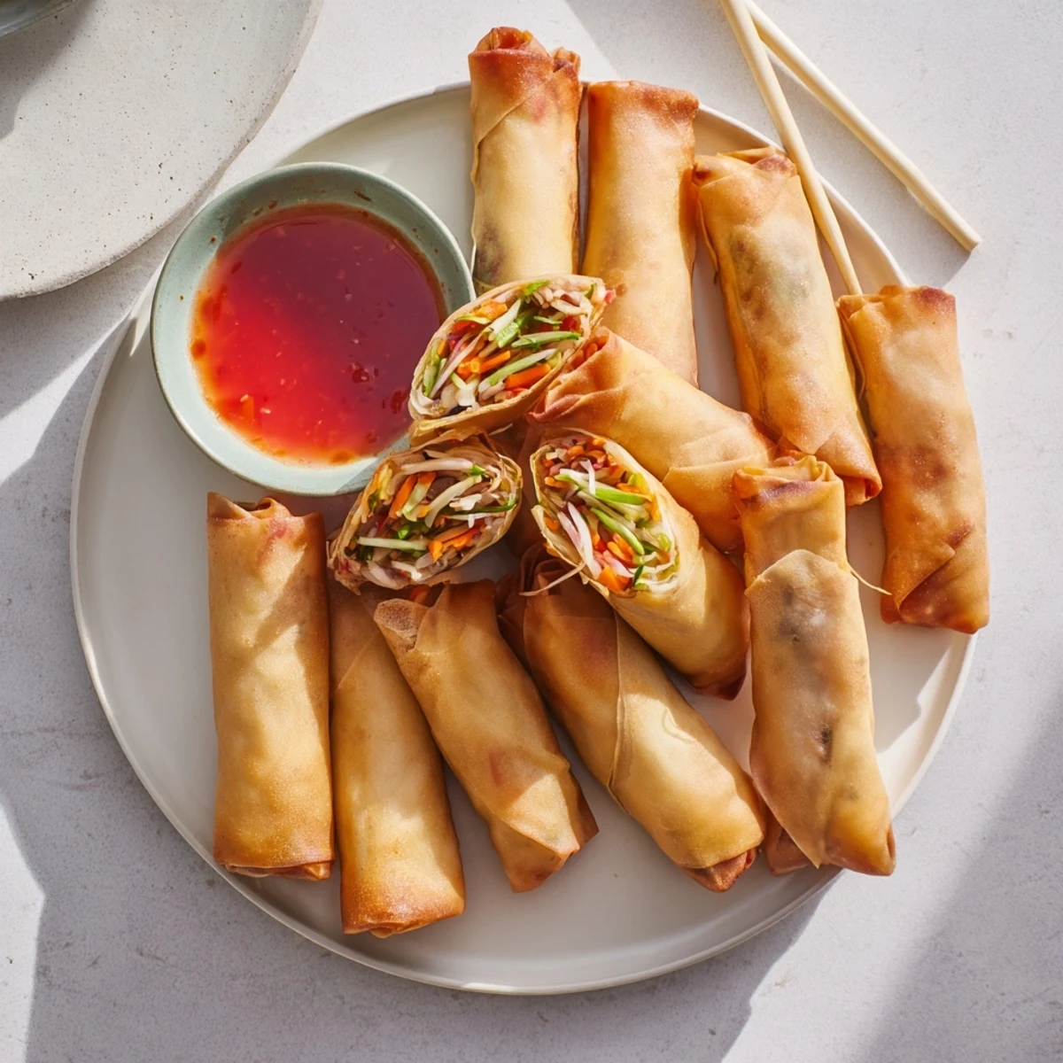 Hand-rolled vegetable spring rolls featuring cabbage, carrots, and mushrooms in a crunchy golden wrapper