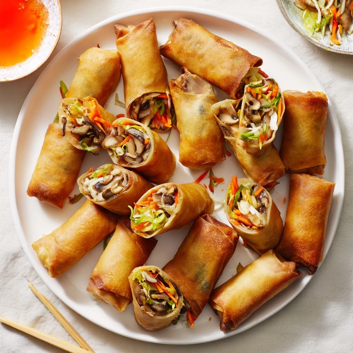 Deep-fried Chinese vegetable spring rolls served on a plate with vibrant vegetable stuffing visible inside