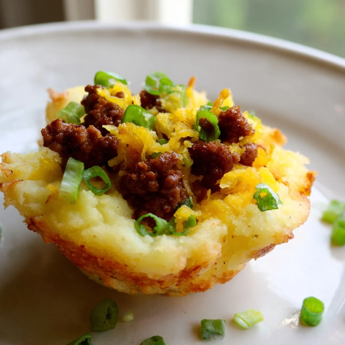 Bite-sized St. Patricks Irish sausage and mashed potato cups with golden edges and savory meat filling