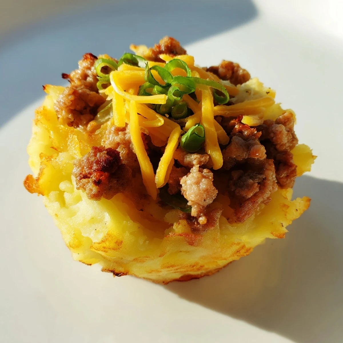 Golden crispy St. Patricks Irish sausage and mashed potato cups topped with melted cheddar and fresh scallions