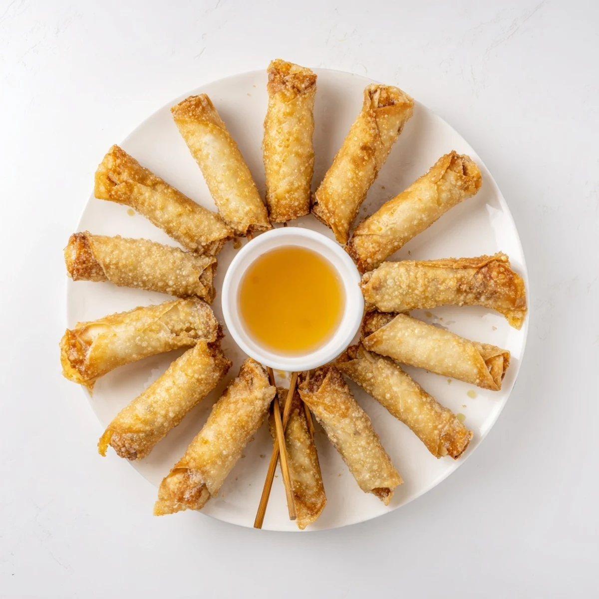 Golden crispy air fryer spring rolls filled with colorful vegetables and served alongside tangy dipping sauce