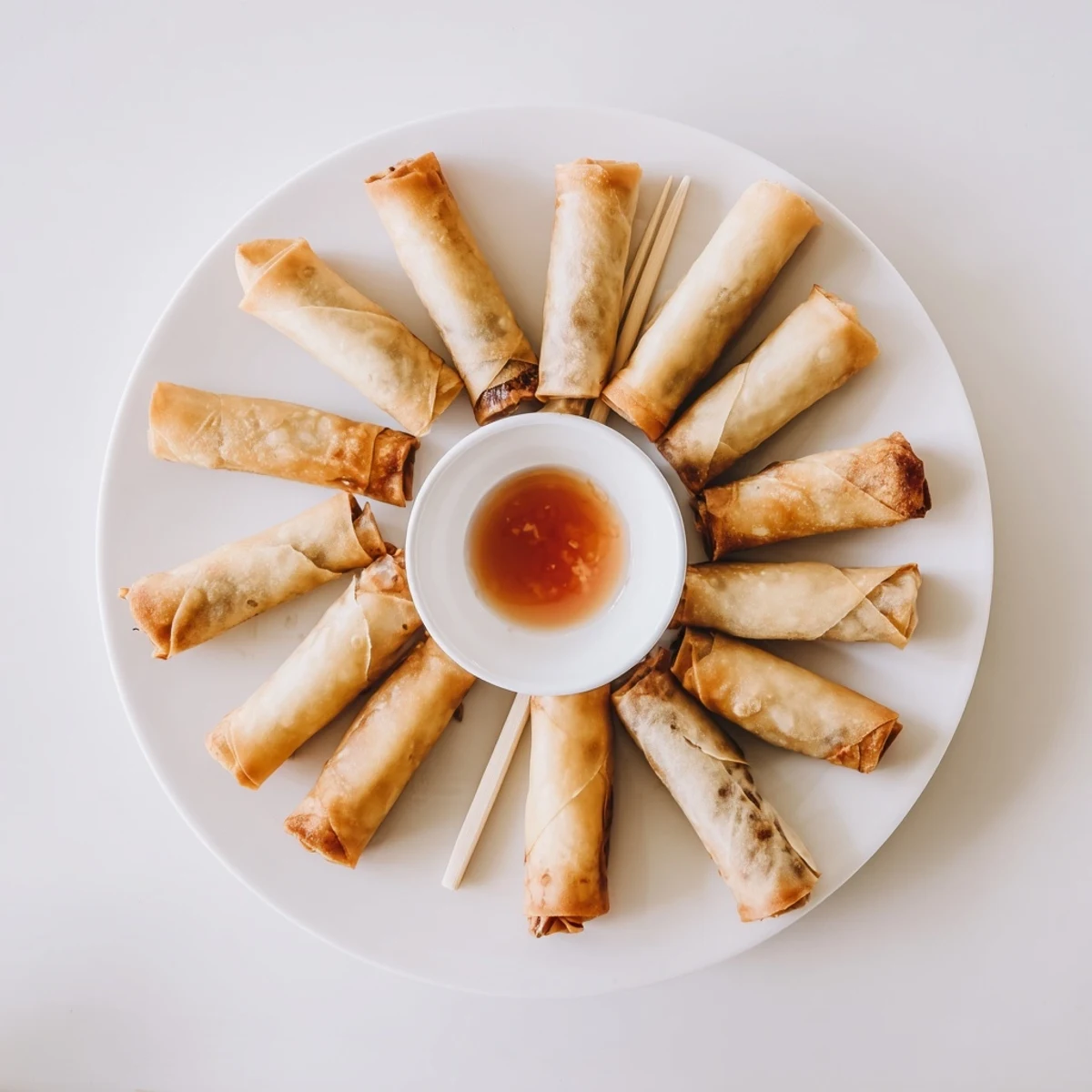 Vegetable stuffed air fryer spring rolls arranged on a white plate with sweet chili dipping sauce