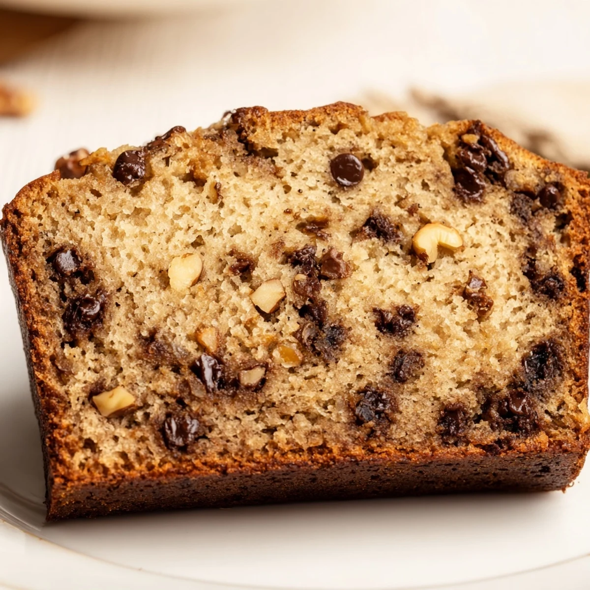 Golden super moist chocolate chip banana bread loaf with melting chocolate chunks on top