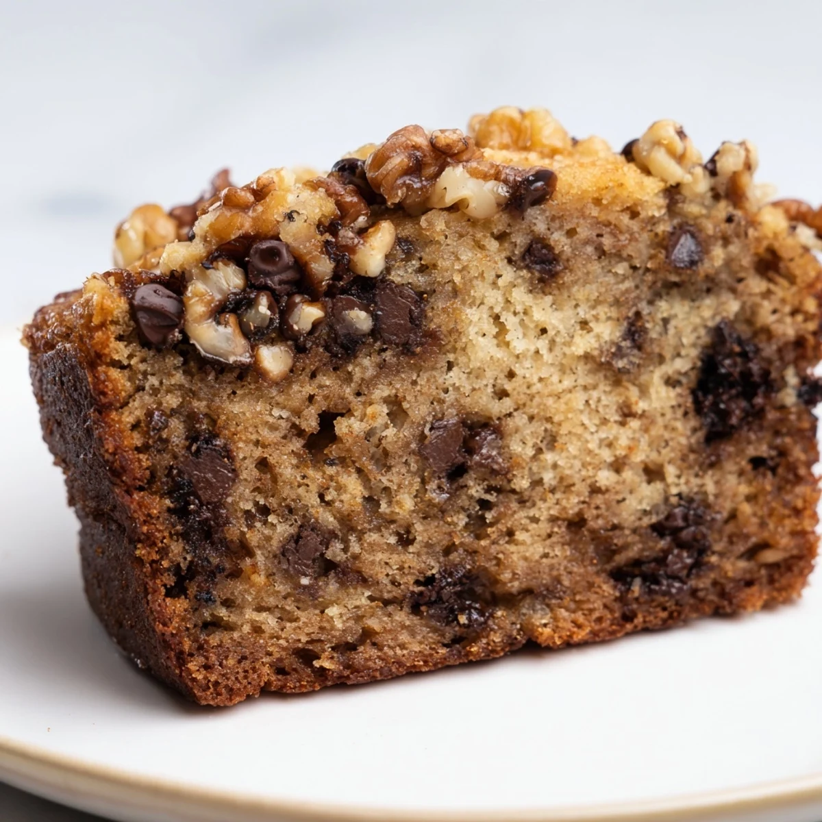 Freshly baked chocolate chip banana bread cooling on wire rack with speckled banana peel background