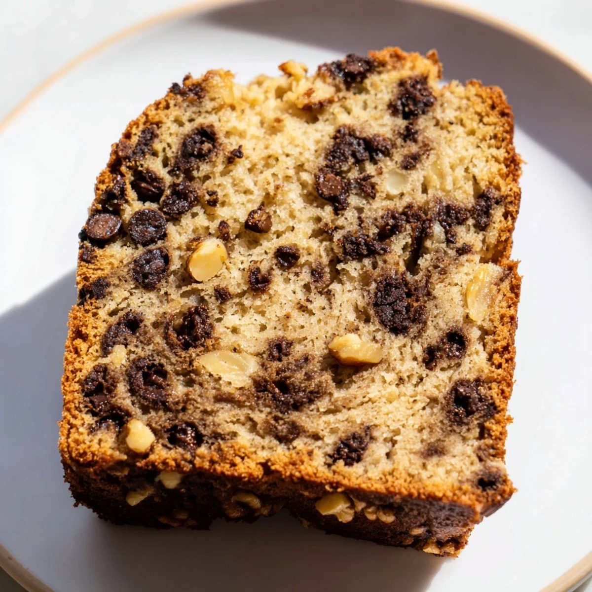 Slice of chocolate chip banana bread showing moist crumb texture and scattered chocolate morsels