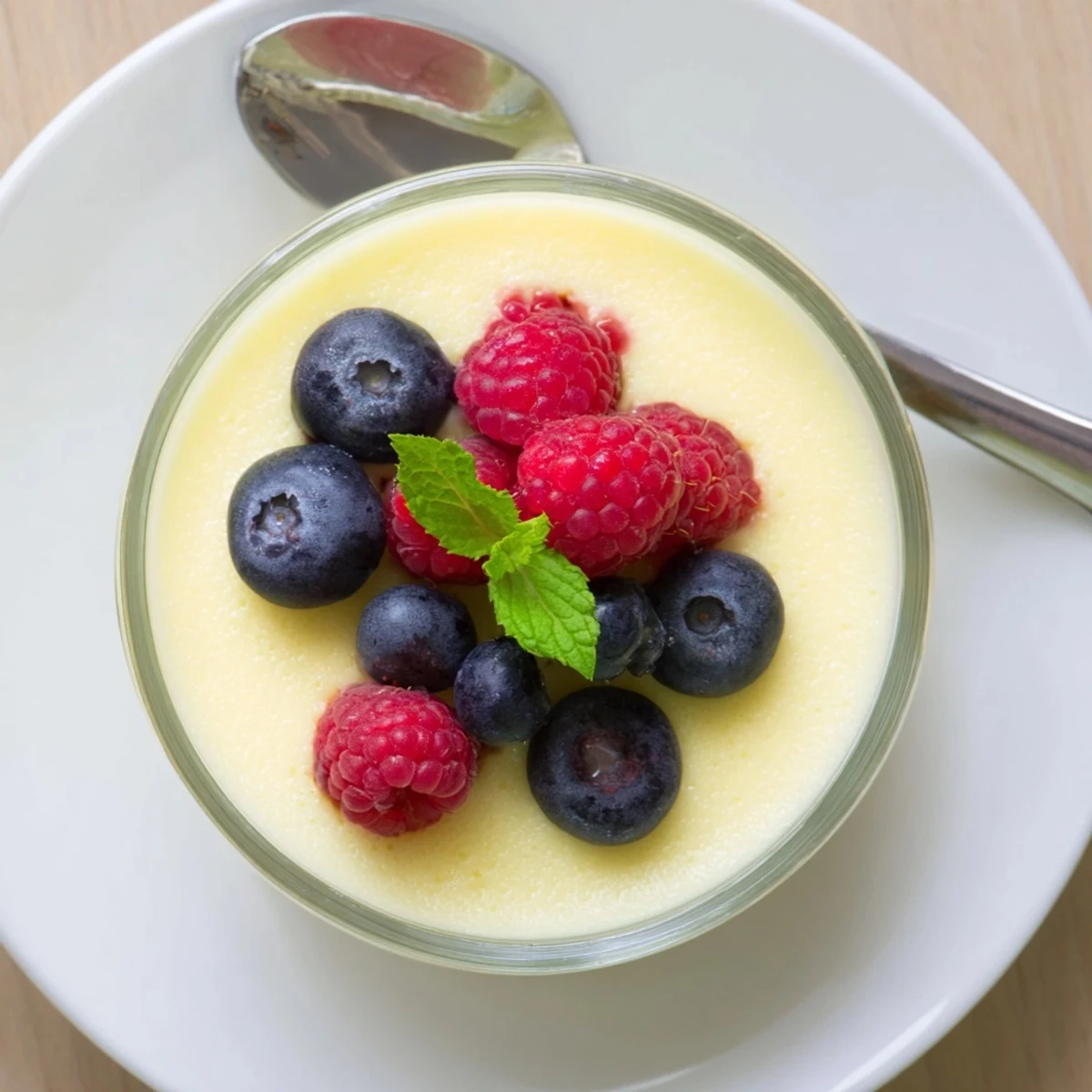 Creamy lemon posset set in glass ramekins topped with fresh red raspberries and green mint leaves