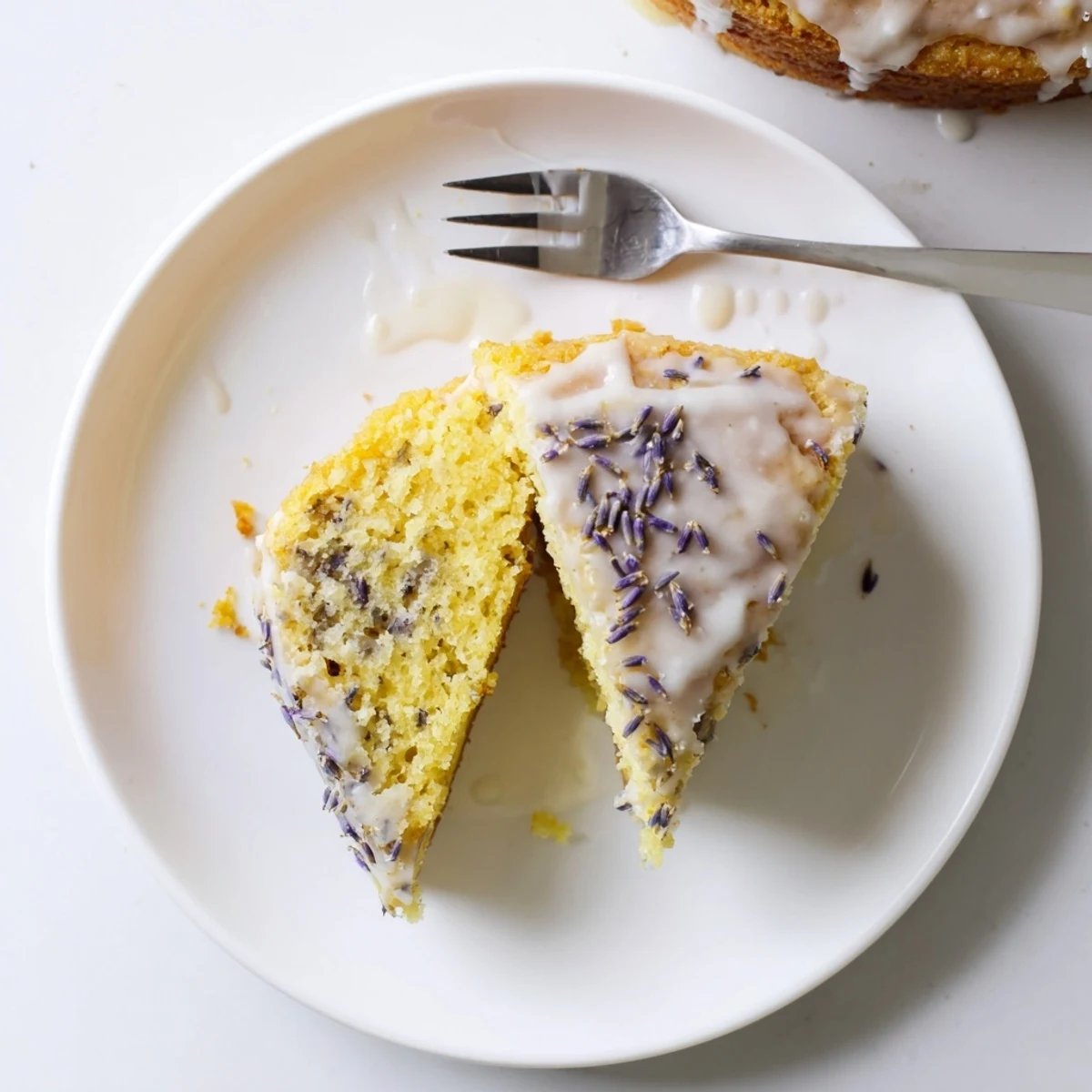 Elegant lemon lavender dessert cake with zesty citrus glaze and edible lavender blossoms served on a decorative cake stand