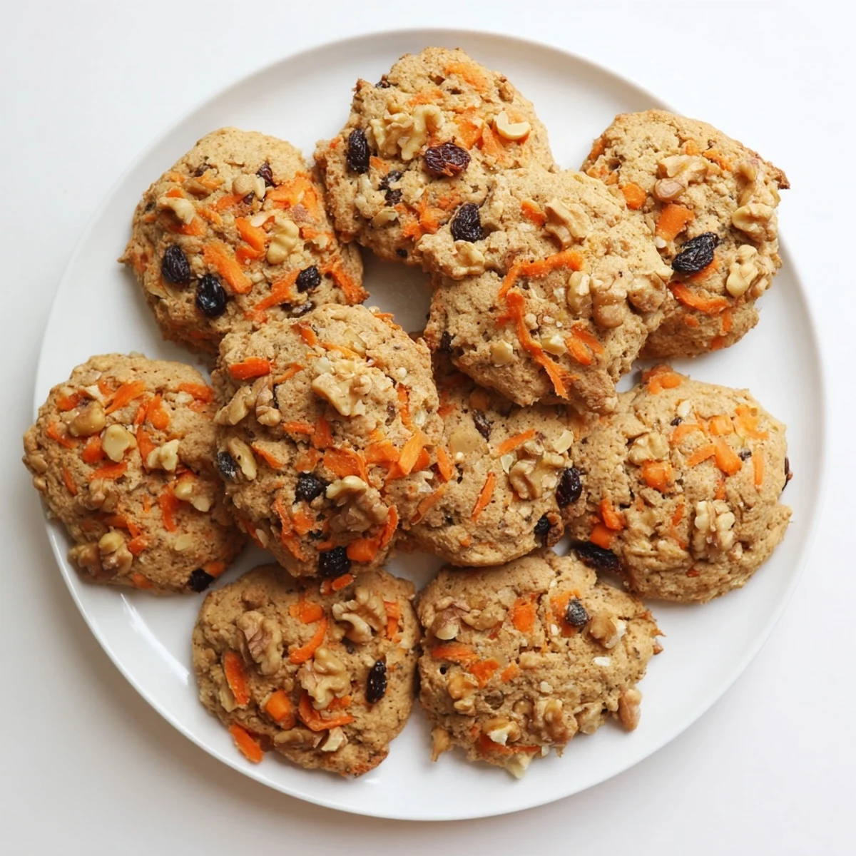 Golden brown chewy carrot cake cookies studded with grated carrots, walnuts, and raisins on a white plate