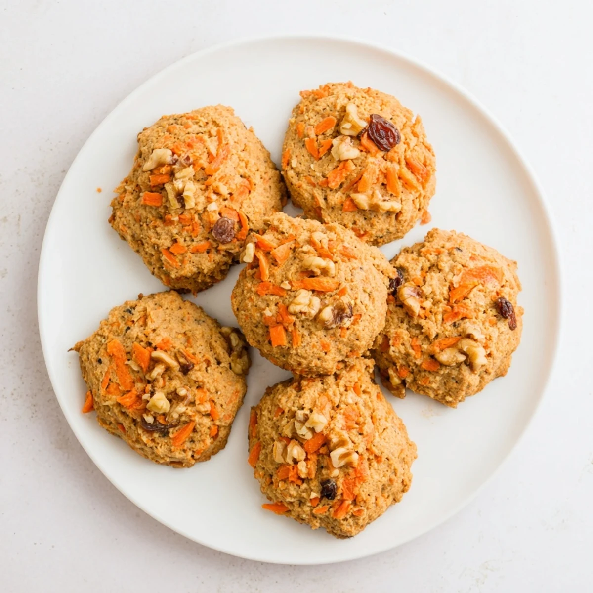 Soft spiced carrot cake cookies with visible carrot shreds and nutty pieces cooling on a wire rack