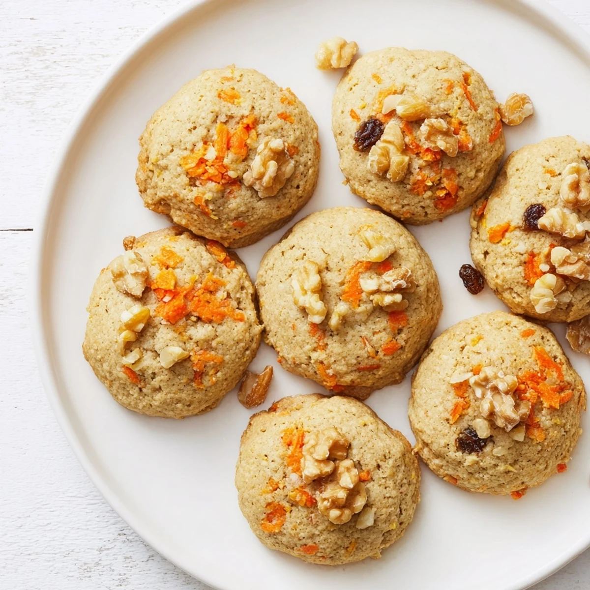 Homemade carrot cake cookies topped with cream cheese glaze and chopped walnuts on a wooden cutting board