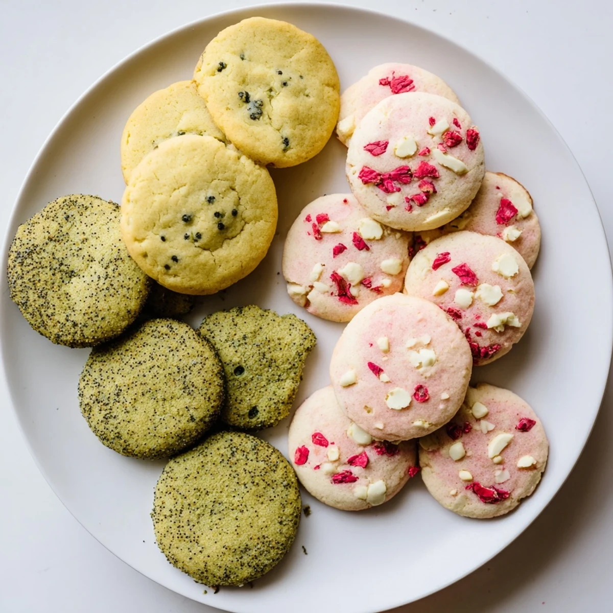 Colorful spring cookie collection featuring lemon poppy seed, matcha almond, and strawberry white chocolate chip cookies arranged on a wooden board.
