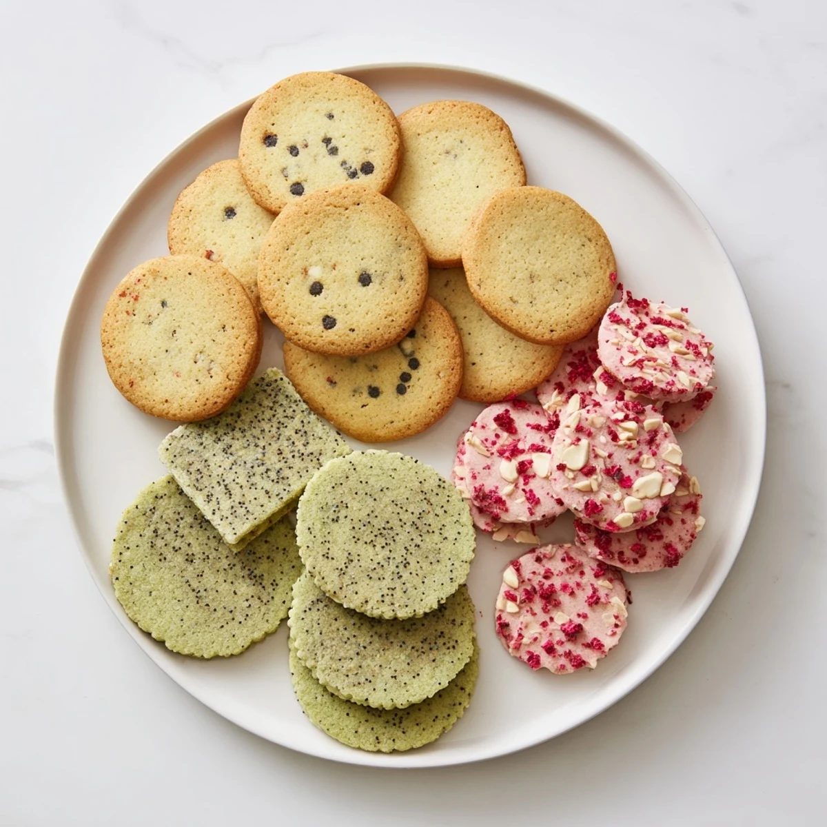 Assorted spring cookies displayed on a platter showcasing vibrant green matcha shortbread, bright lemon poppy seed, and pink strawberry treats.