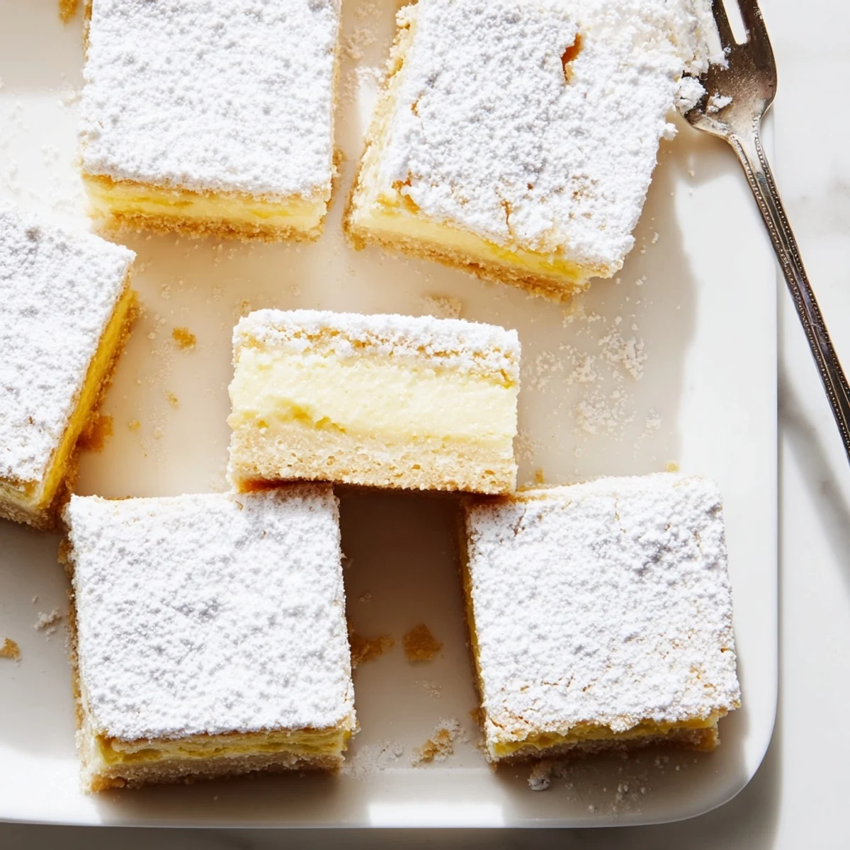 Golden lavender lemon cream bars with powdered sugar dusting on a white plate