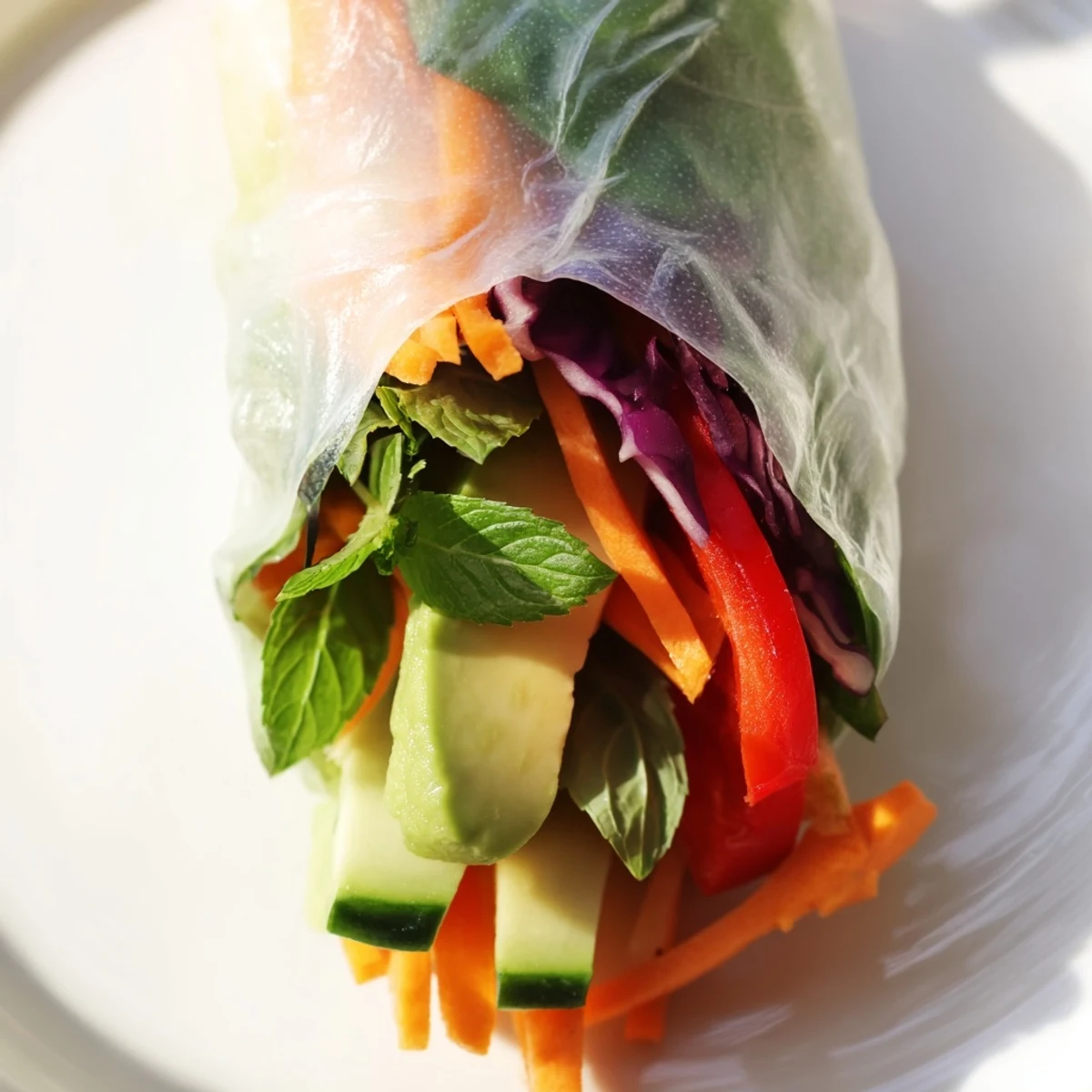 Fresh spring rolls with colorful vegetables, rice noodles, and herbs served alongside creamy peanut dipping sauce
