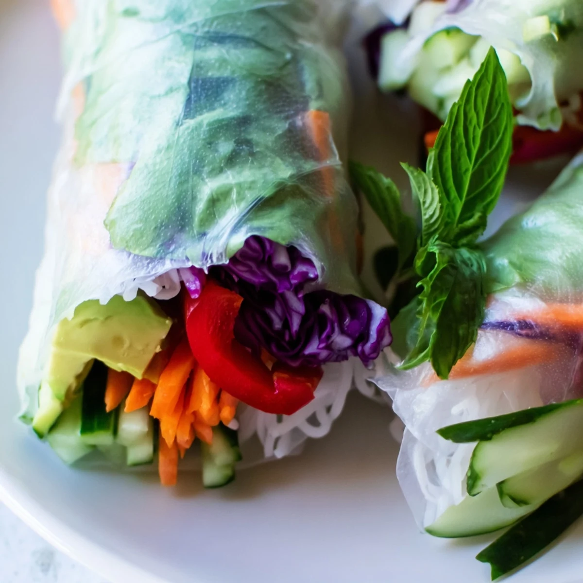 Transparent rice paper wrapped fresh spring rolls revealing crisp julienned vegetables and green herbs inside