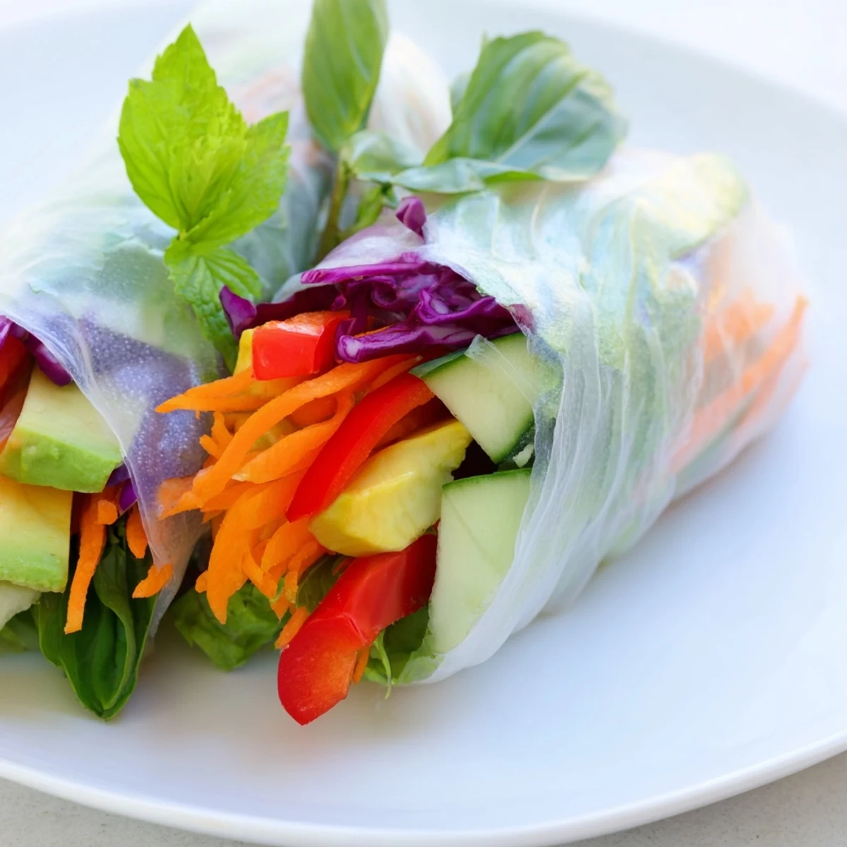 Vietnamese fresh spring rolls arranged on white plate with bowl of rich peanut sauce for dipping