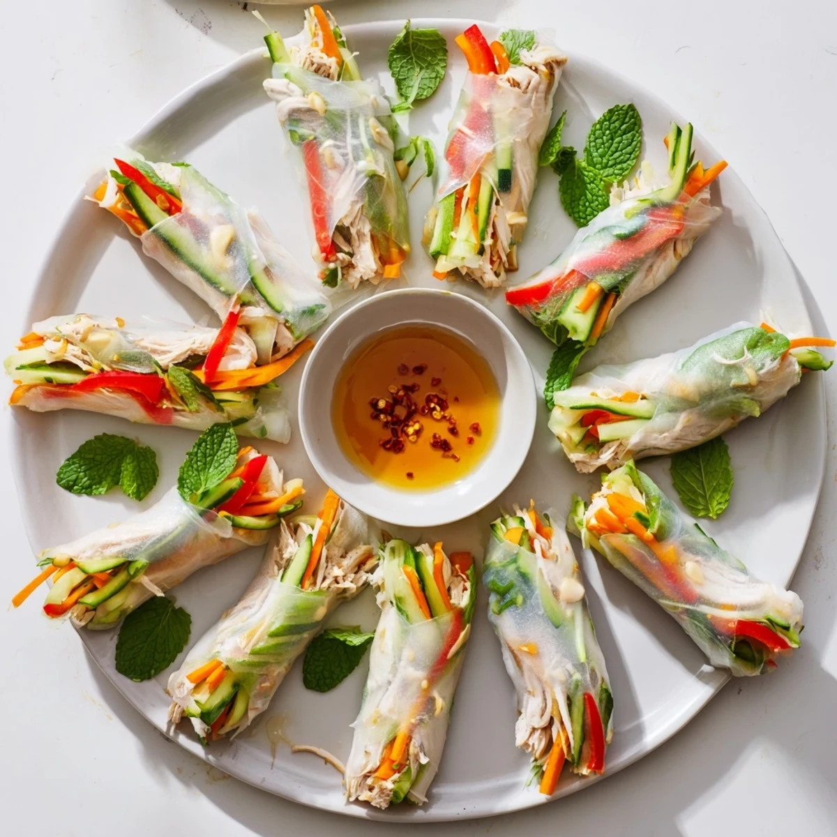Fresh light chicken veggie spring rolls featuring colorful vegetables and tender chicken wrapped in translucent rice paper