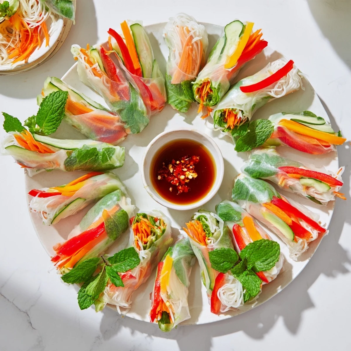 Homemade light chicken veggie spring rolls packed with crunchy vegetables fresh mint cilantro and sliced chicken breast