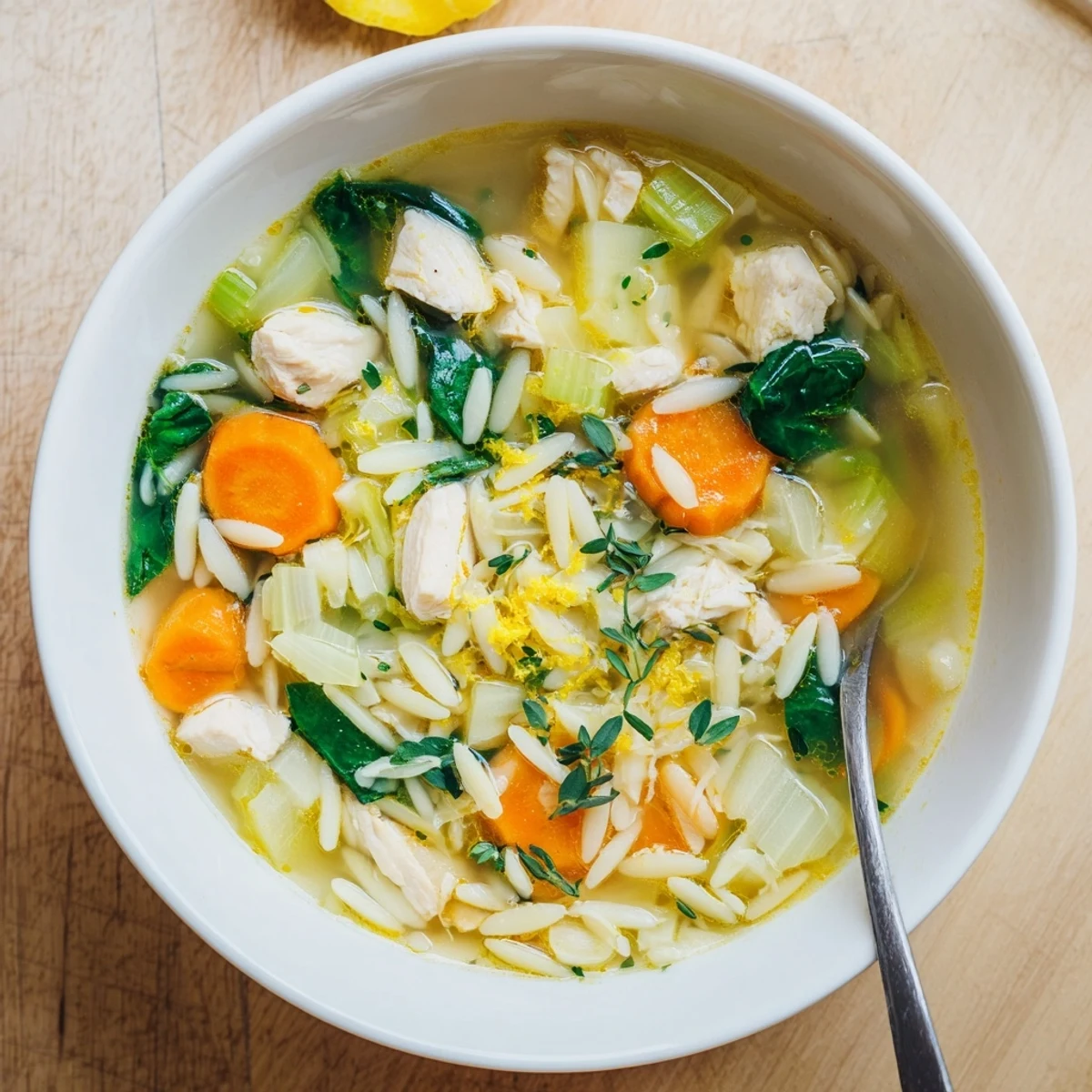 Golden bowl of Spring Lemon Chicken Orzo Soup with tender chicken pieces, bright vegetables, and parsley garnish