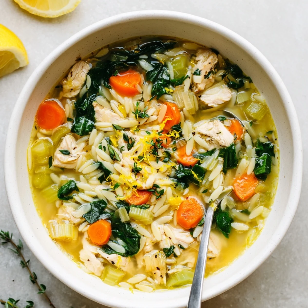 Steaming white bowl of Spring Lemon Chicken Orzo Soup topped with grated Parmesan and fresh herbs