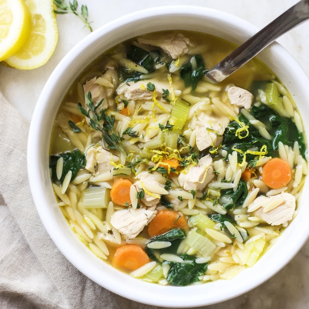 Creamy Spring Lemon Chicken Orzo Soup simmering in a pot with fresh spinach, carrots, and celery