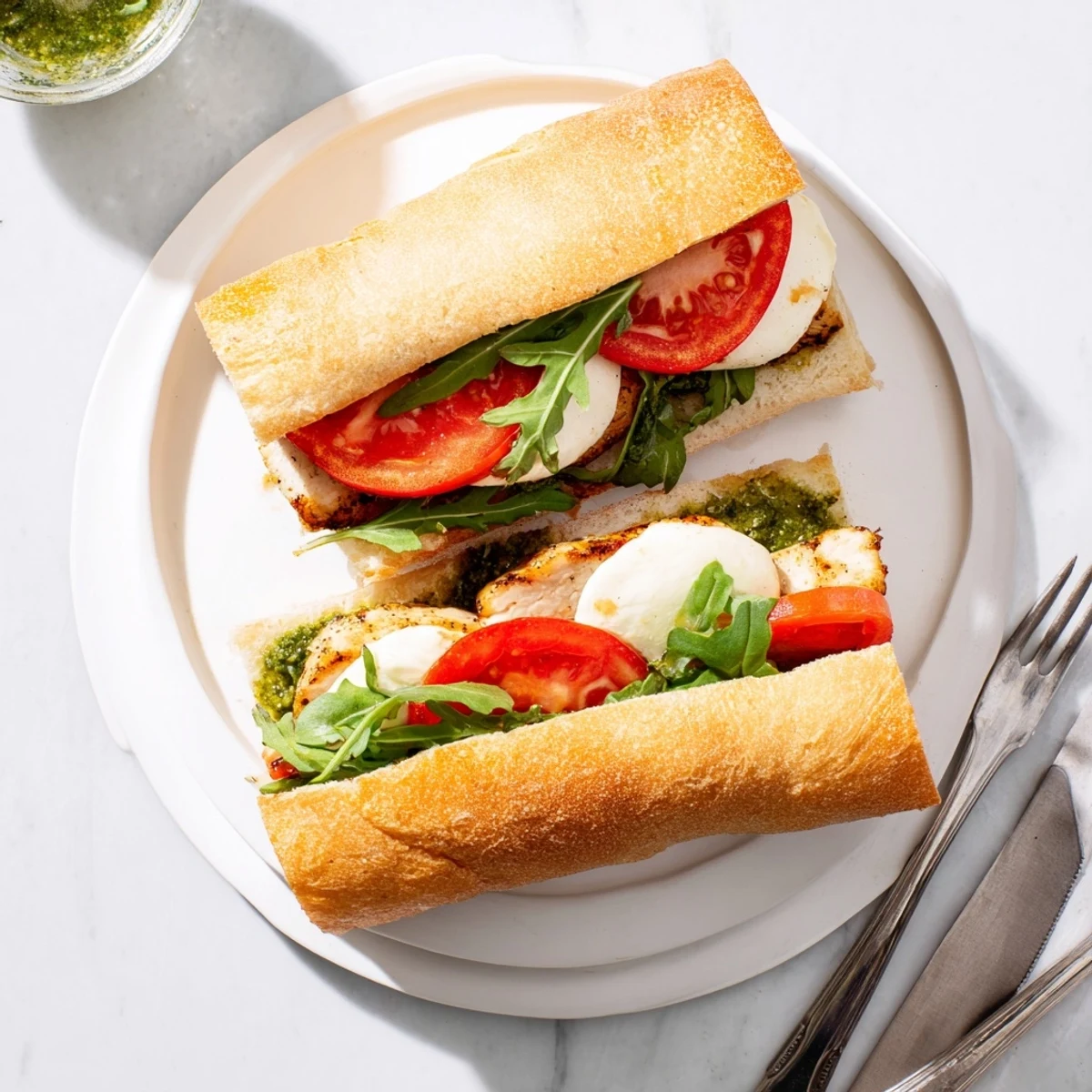Grilled chicken pesto sandwich on ciabatta roll with melted mozzarella, tomato slices, and fresh arugula