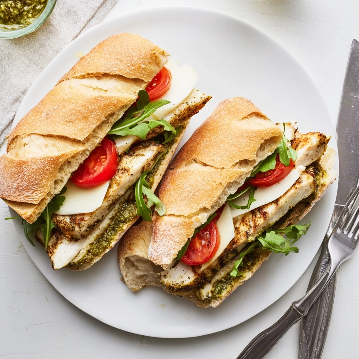 Chicken pesto sandwich cut in half revealing juicy grilled chicken, melted cheese, and crisp greens