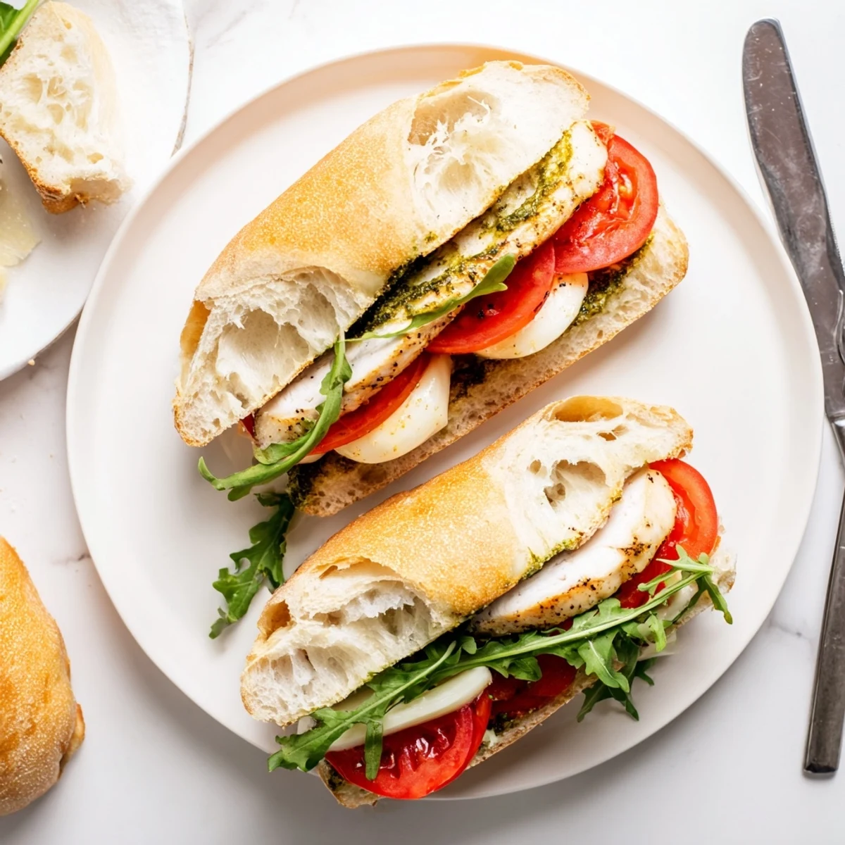 Sliced chicken breast layered with basil pesto and arugula on toasted ciabatta bread