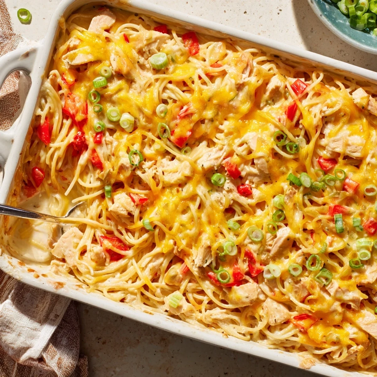 Golden baked Monterey Chicken Spaghetti casserole with melted cheese topping and green onion garnish