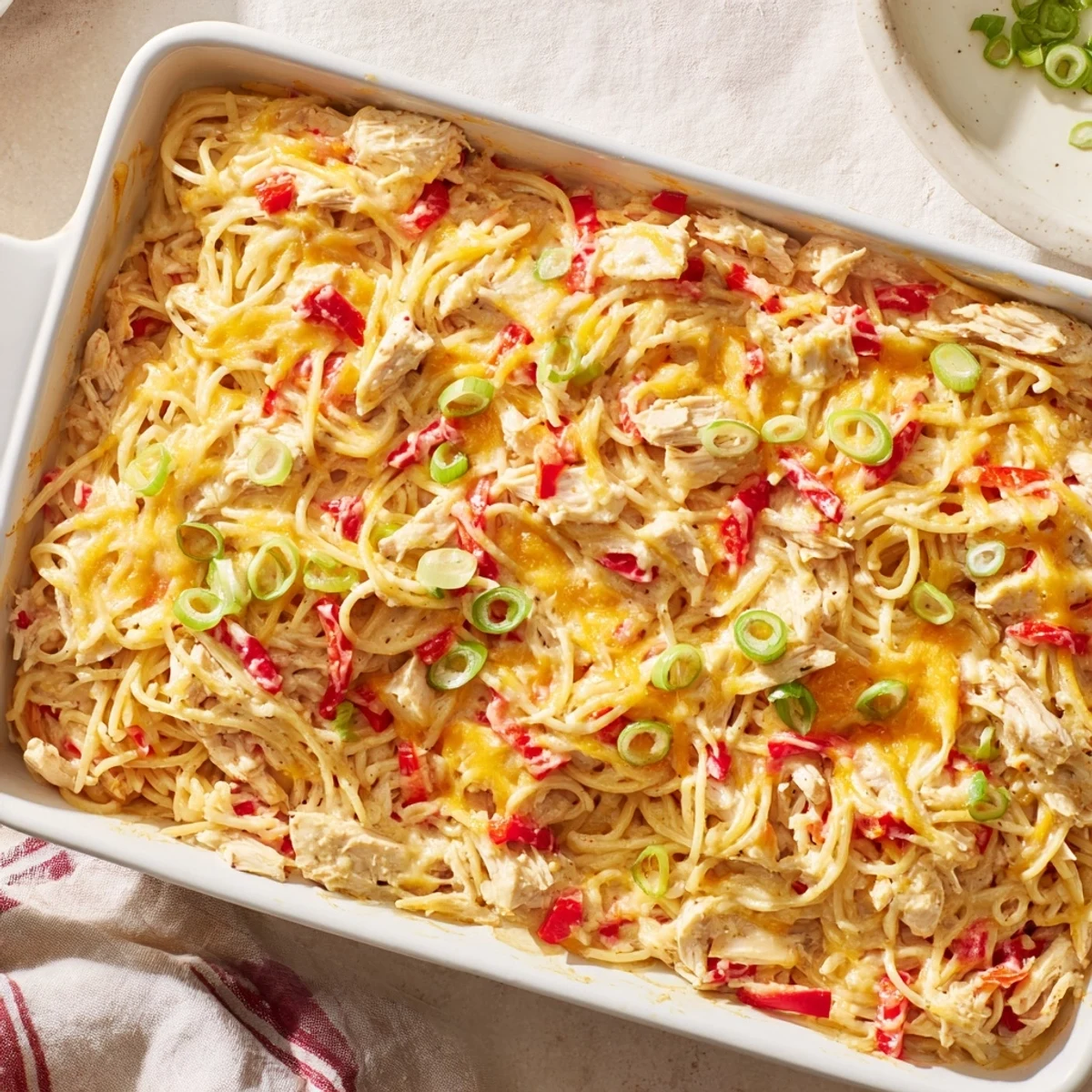 Steaming hot Monterey Chicken Spaghetti bubbling in a white ceramic baking dish with golden melted cheese topping