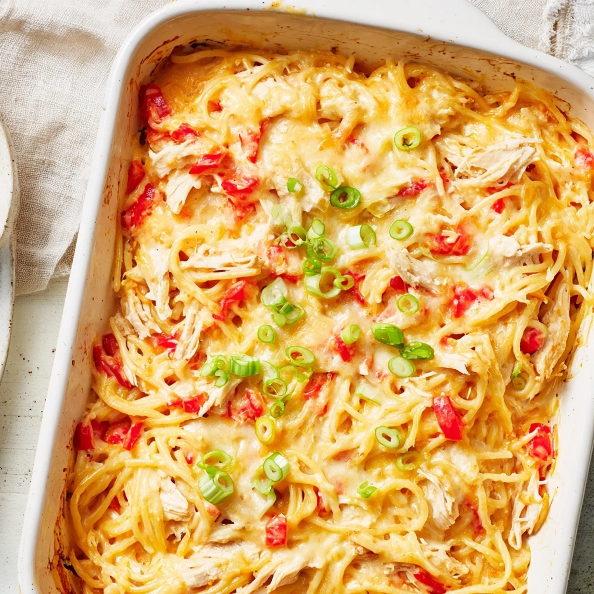 Creamy Monterey Jack cheese sauce coats tender spaghetti and shredded chicken in this comforting baked dish