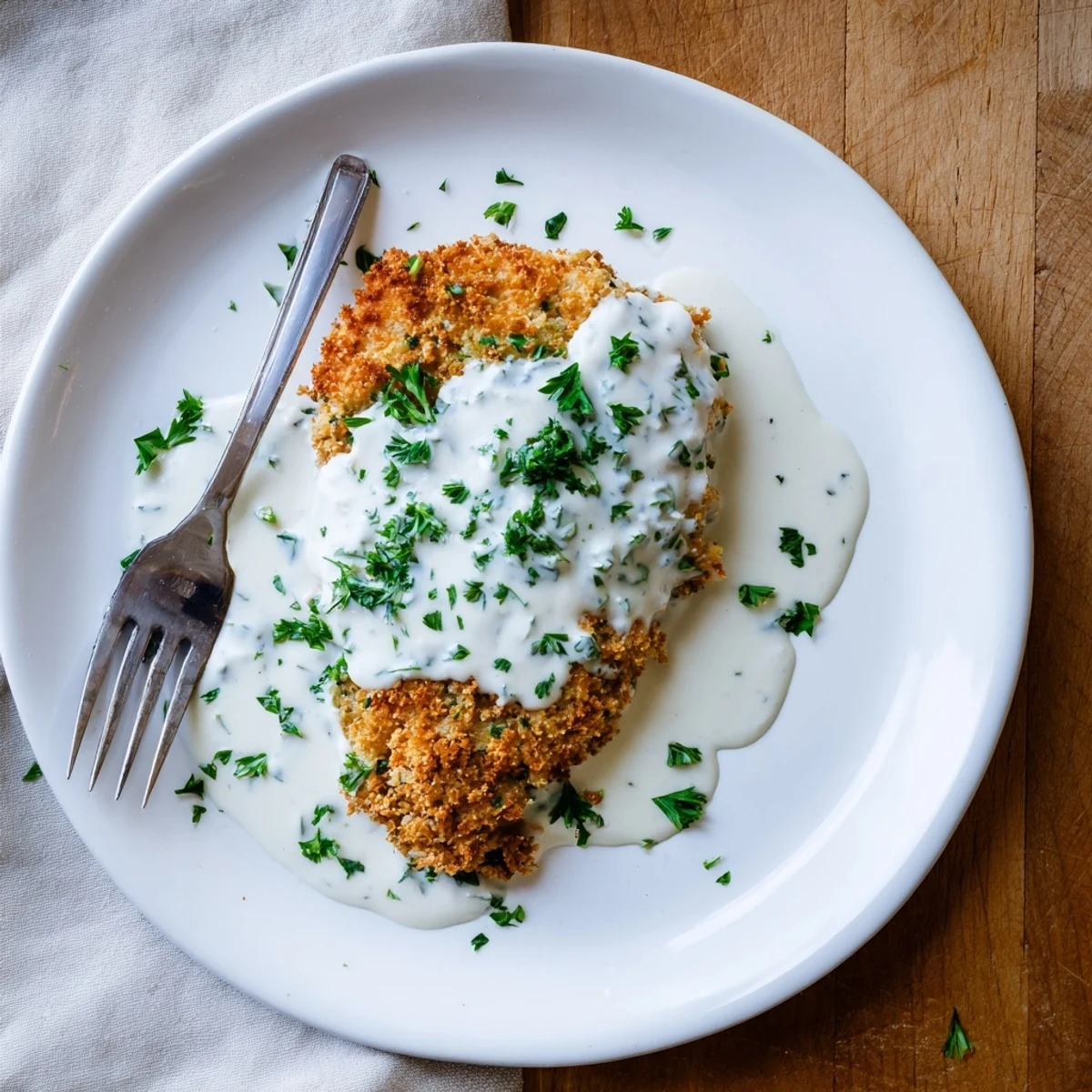 Golden brown Parmesan crusted chicken breasts drizzled with rich creamy garlic sauce on a white plate