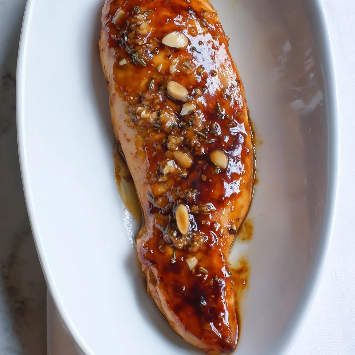 Golden balsamic baked chicken breast glistening with caramelized glaze on a white serving platter