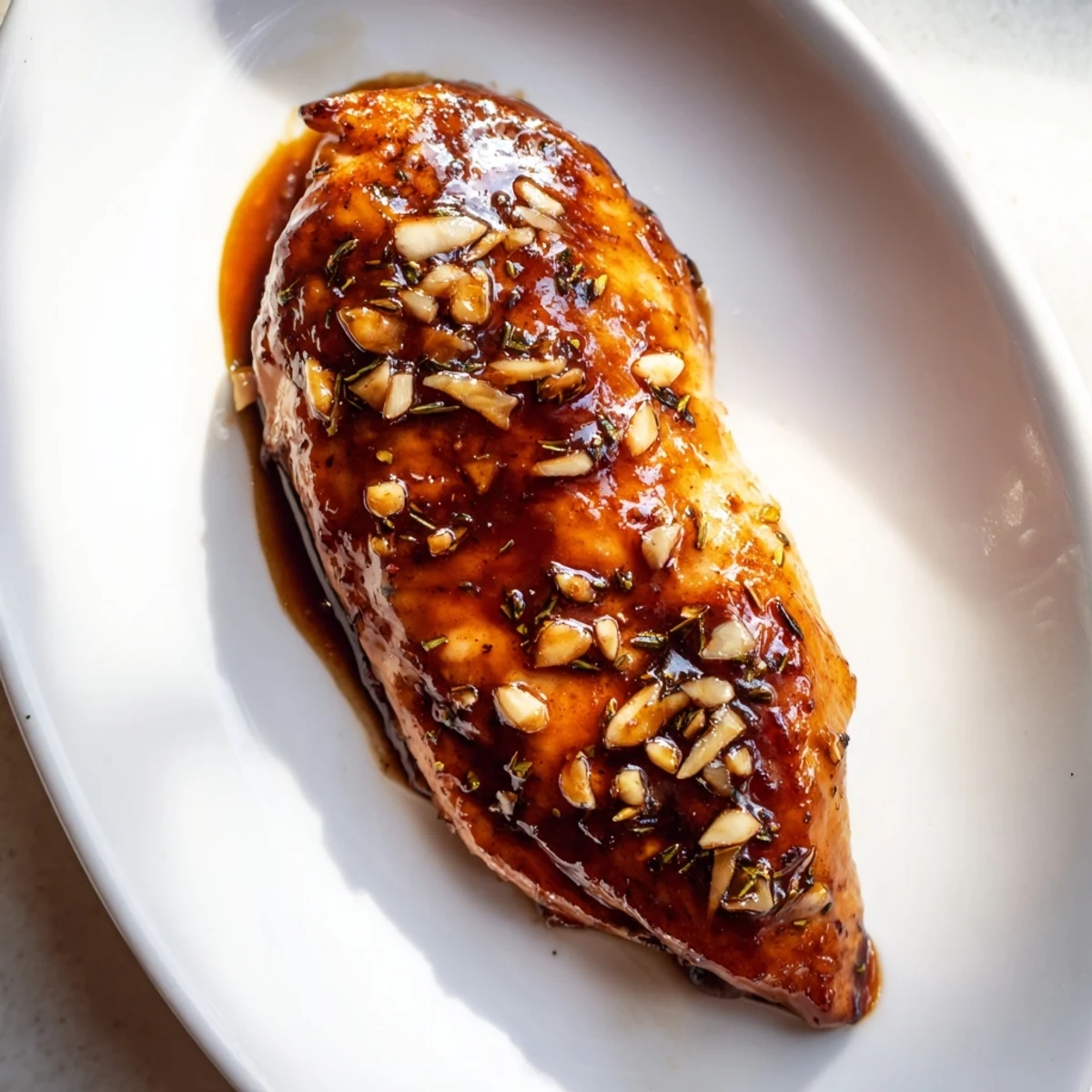 Tender juicy balsamic baked chicken breast sliced to reveal moist interior with fresh parsley garnish