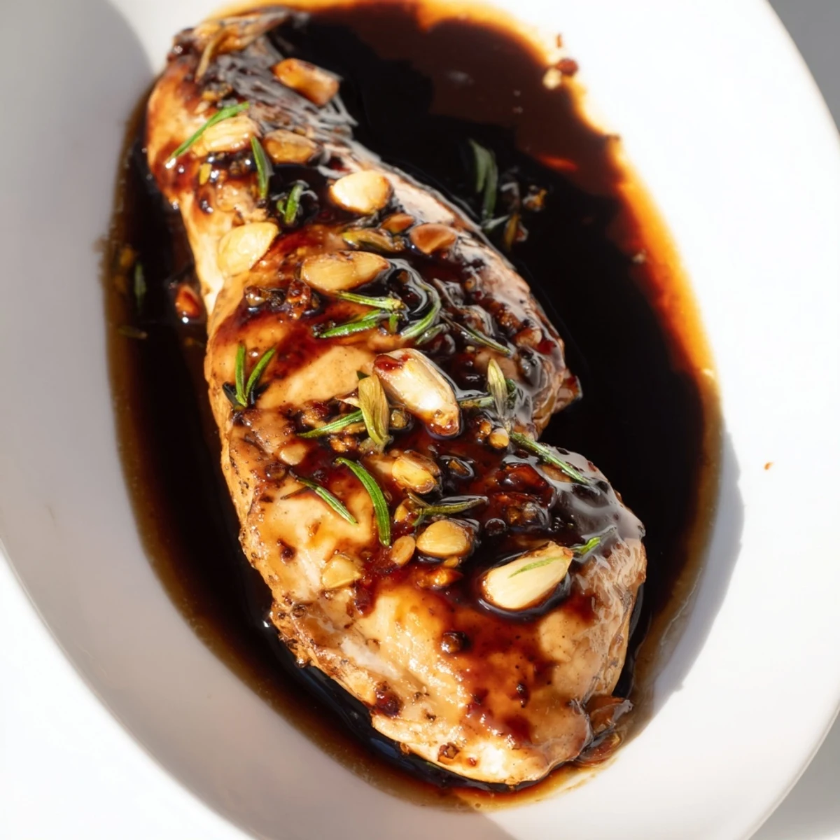 Oven-baked balsamic chicken breast arranged with cherry tomatoes on a rustic wooden cutting board