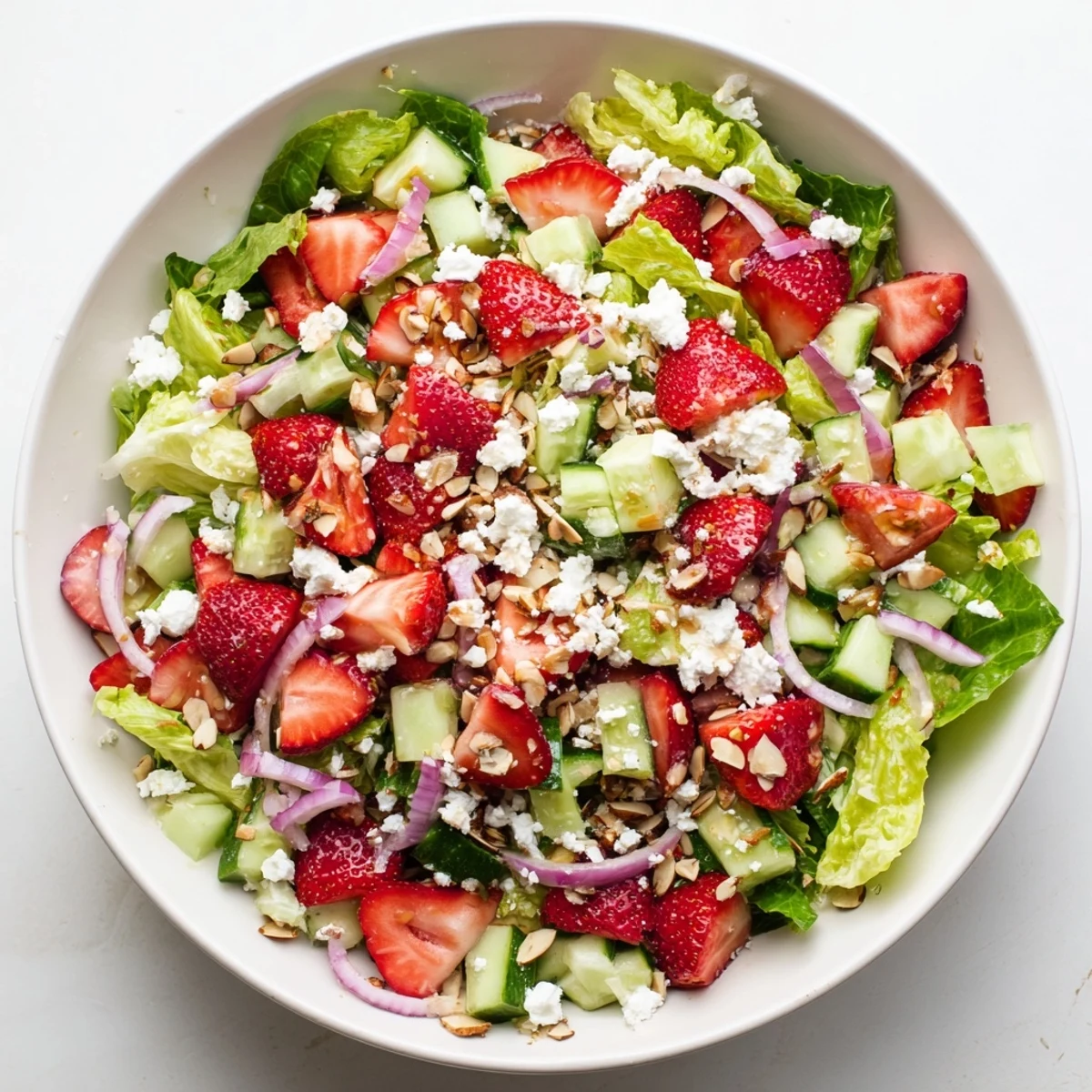 Fresh crunchy strawberry romaine feta salad with crisp lettuce, juicy berries, and toasted almonds garnished with tangy feta cheese.