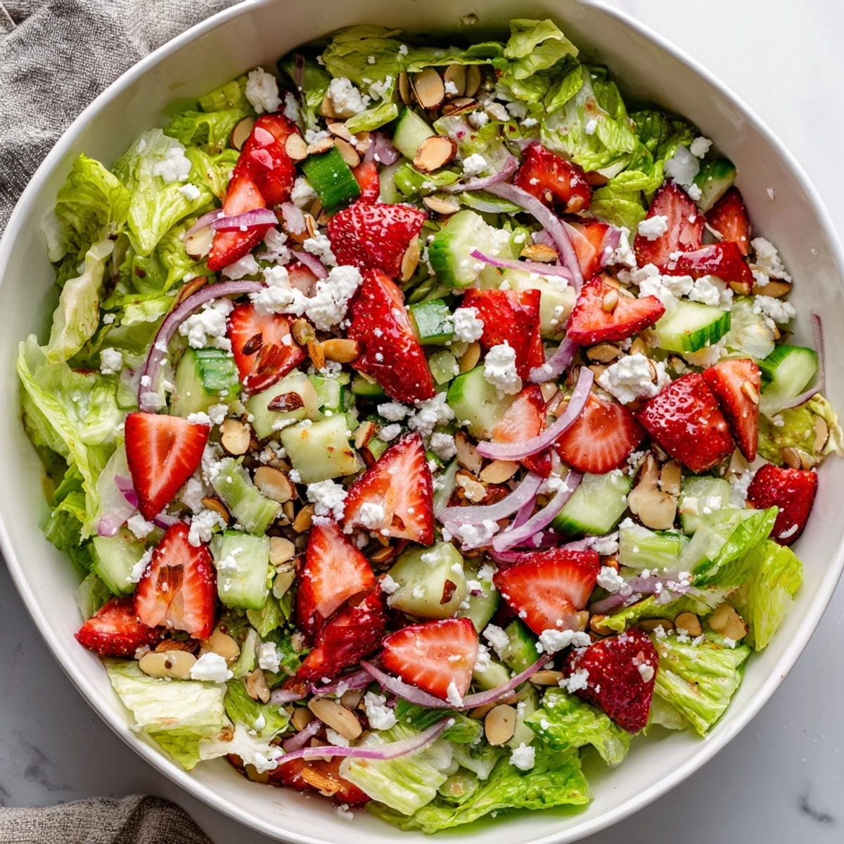 Colorful plate of crunchy strawberry romaine feta salad topped with crumbled cheese, fresh strawberries, and toasted sliced almonds for a refreshing vegetarian meal.