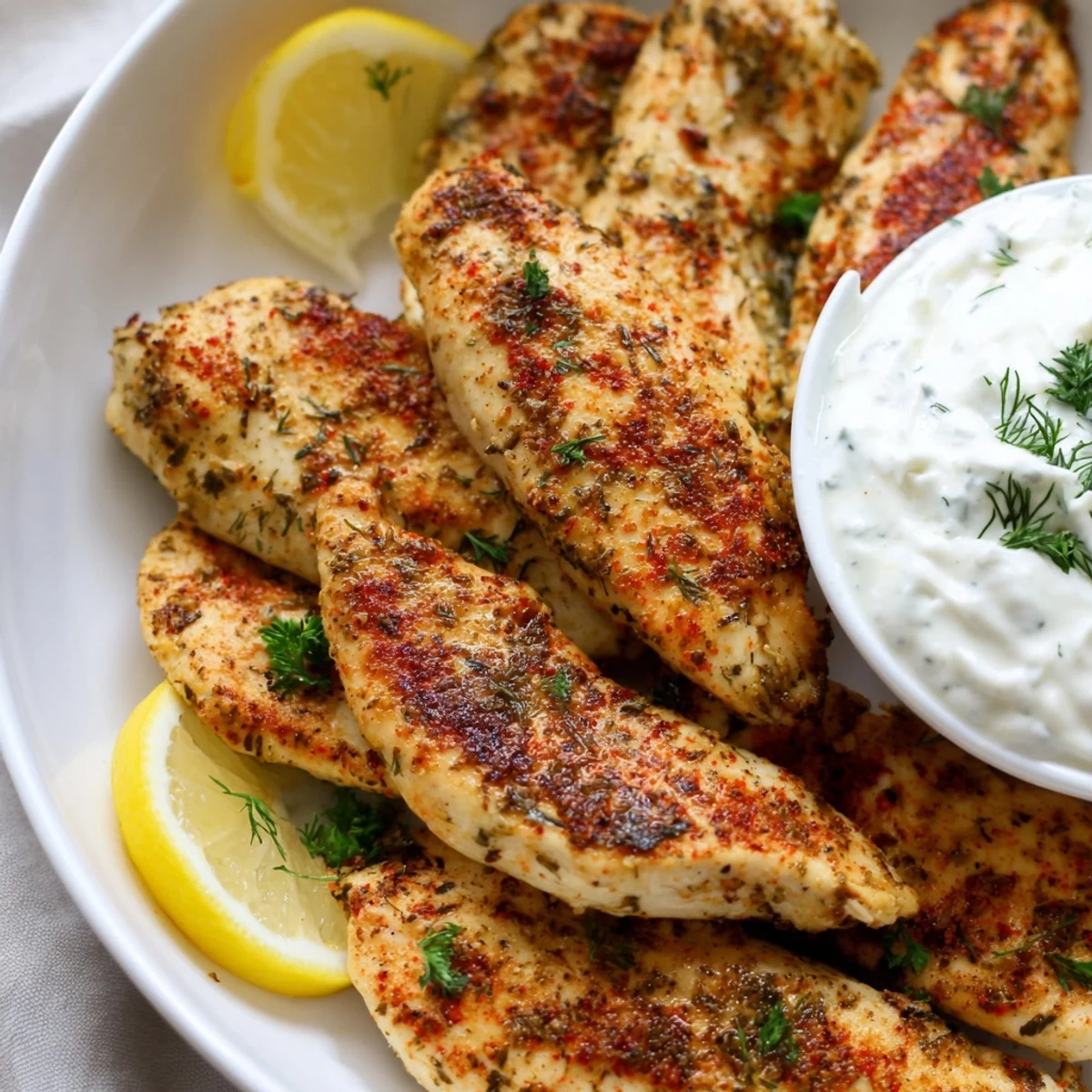 Golden pan-seared Mediterranean chicken tenders served with creamy lemon garlic yogurt dip