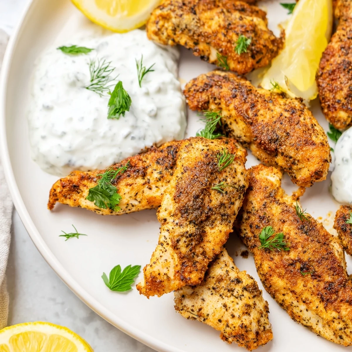 Herb marinated chicken strips plated with Greek yogurt sauce and fresh lemon wedges