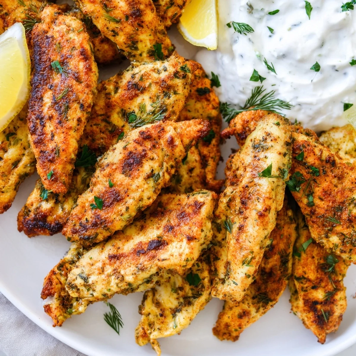 Juicy spiced Mediterranean chicken tenders alongside tangy dill yogurt dipping sauce