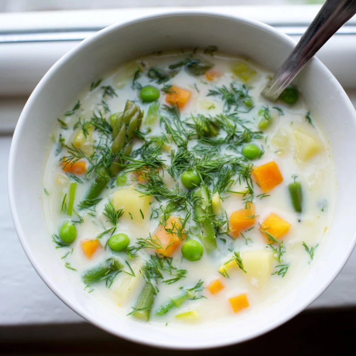 Creamy spring vegetable soup featuring vibrant green asparagus and peas in a smooth white bowl