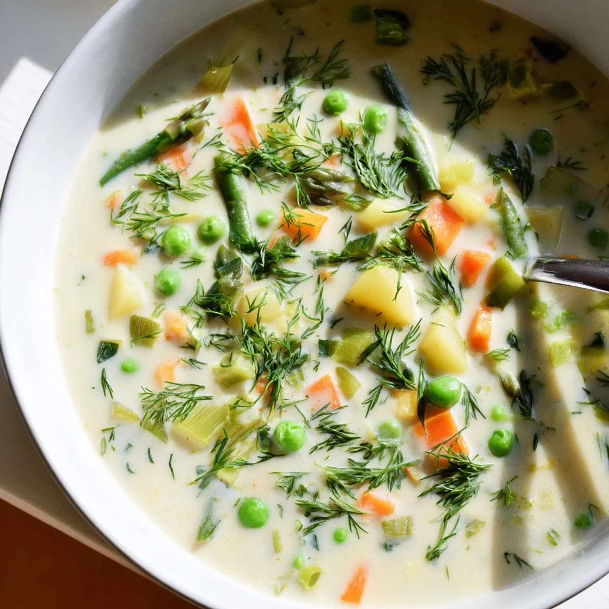 Garnished bowl of creamy spring vegetable soup with fresh dill and crusty bread on the side