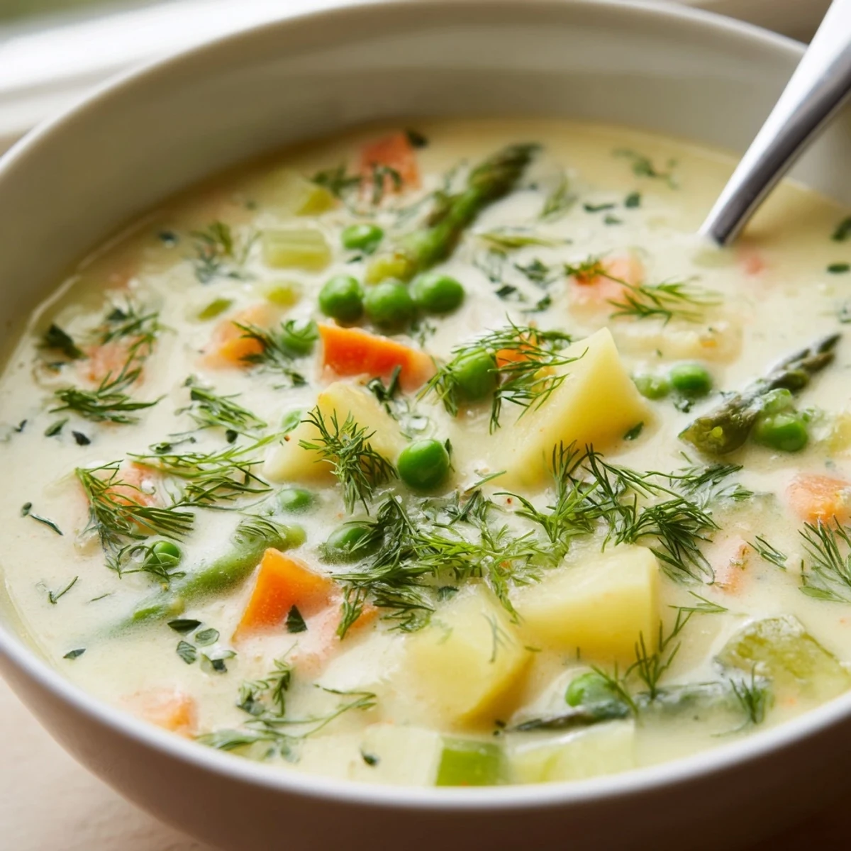 Velvety creamy spring vegetable soup ladled into a white serving bowl with herb sprinkles on top
