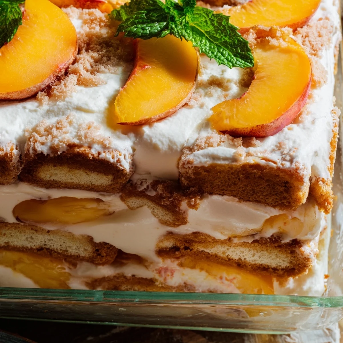 Layered peach tiramisu dessert with juicy fresh peaches and creamy mascarpone filling