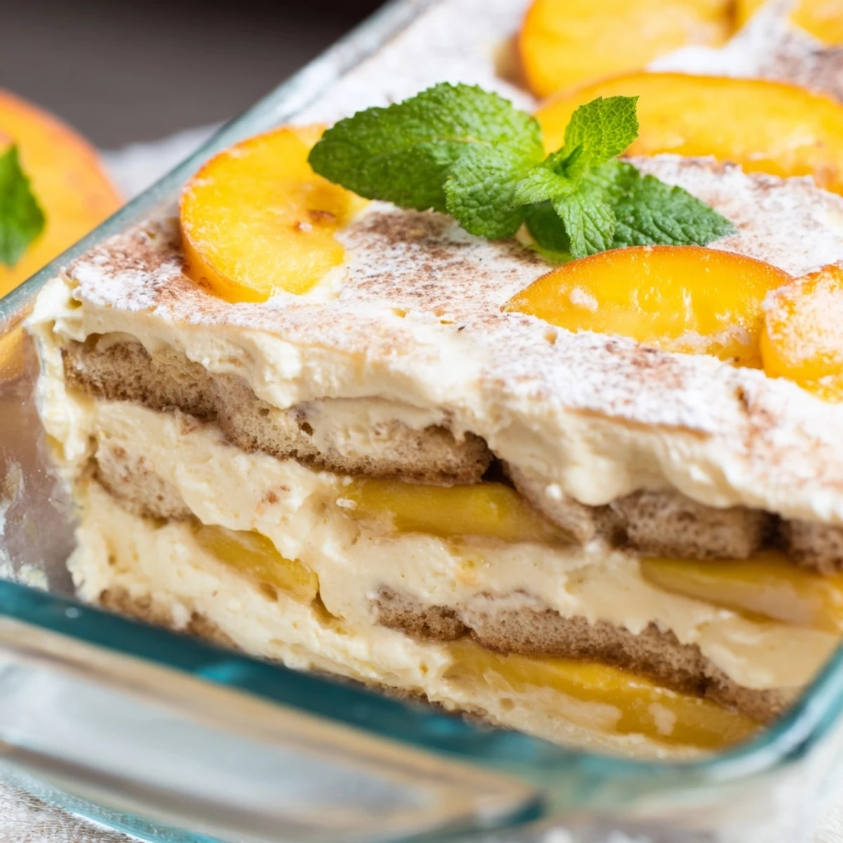 Italian peach tiramisu in a glass dish topped with mint leaves and ladyfingers