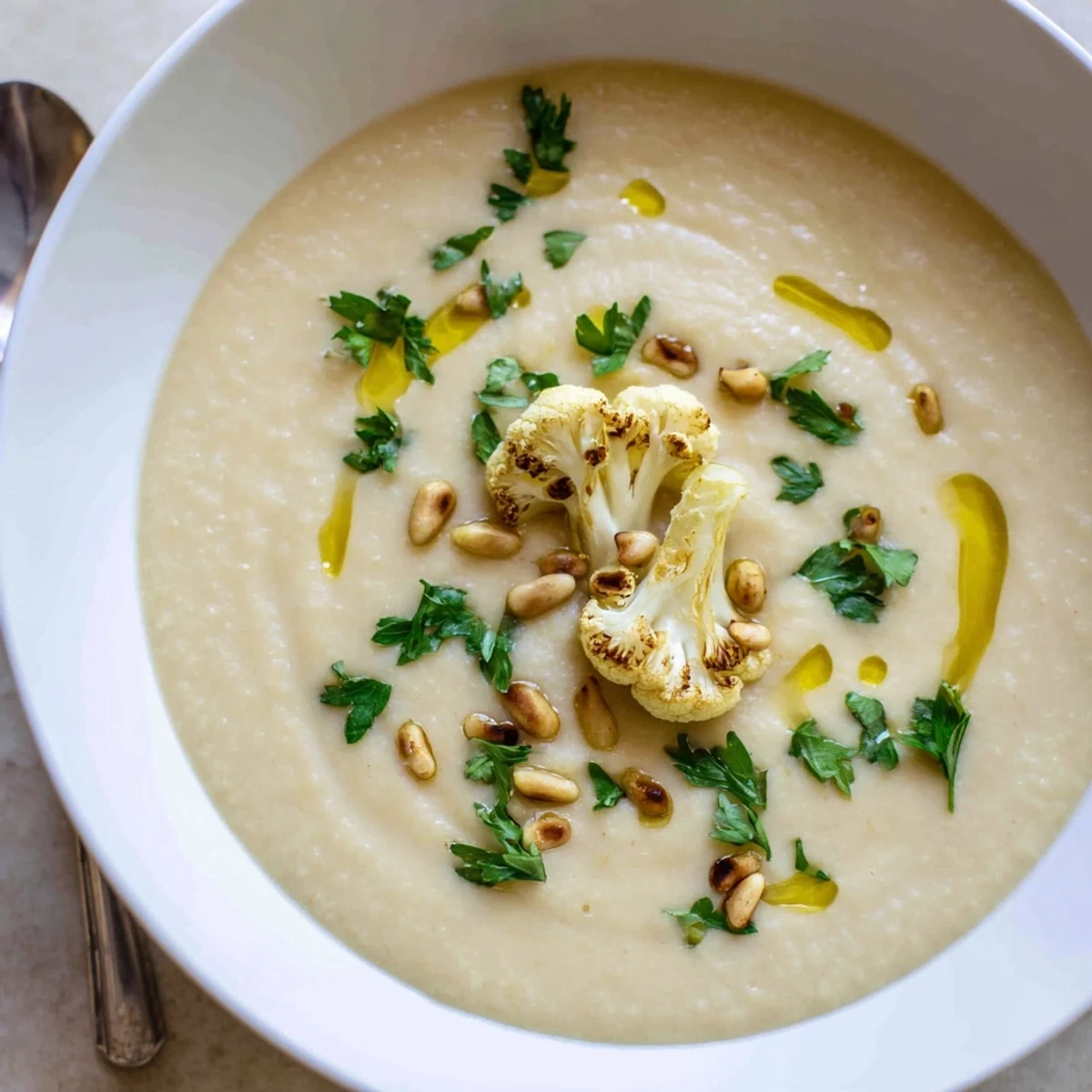 Creamy Mediterranean cauliflower soup garnished with parsley and toasted pine nuts in a white bowl.